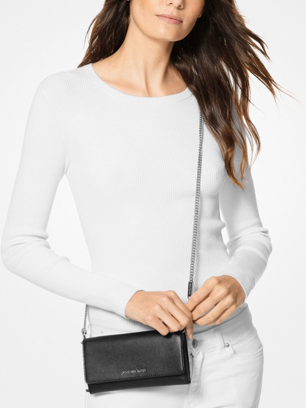 Michael Kors Large Crossgrain Leather Convertible Chain Wallet Black/Pearl Grey